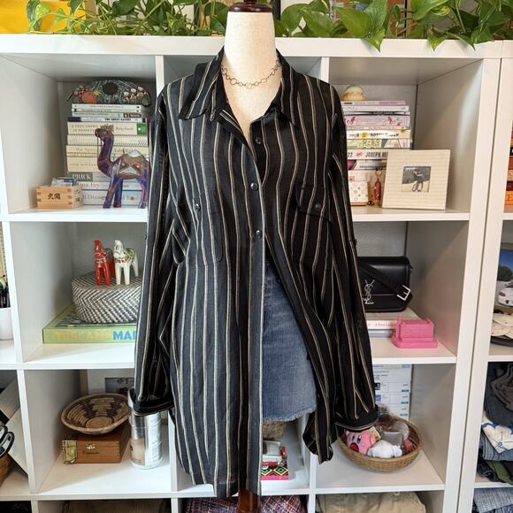 Vintage Ralph Lauren Striped Linen Oversized Beach Button Down Black Wms XXXL - Picture 1 of 10